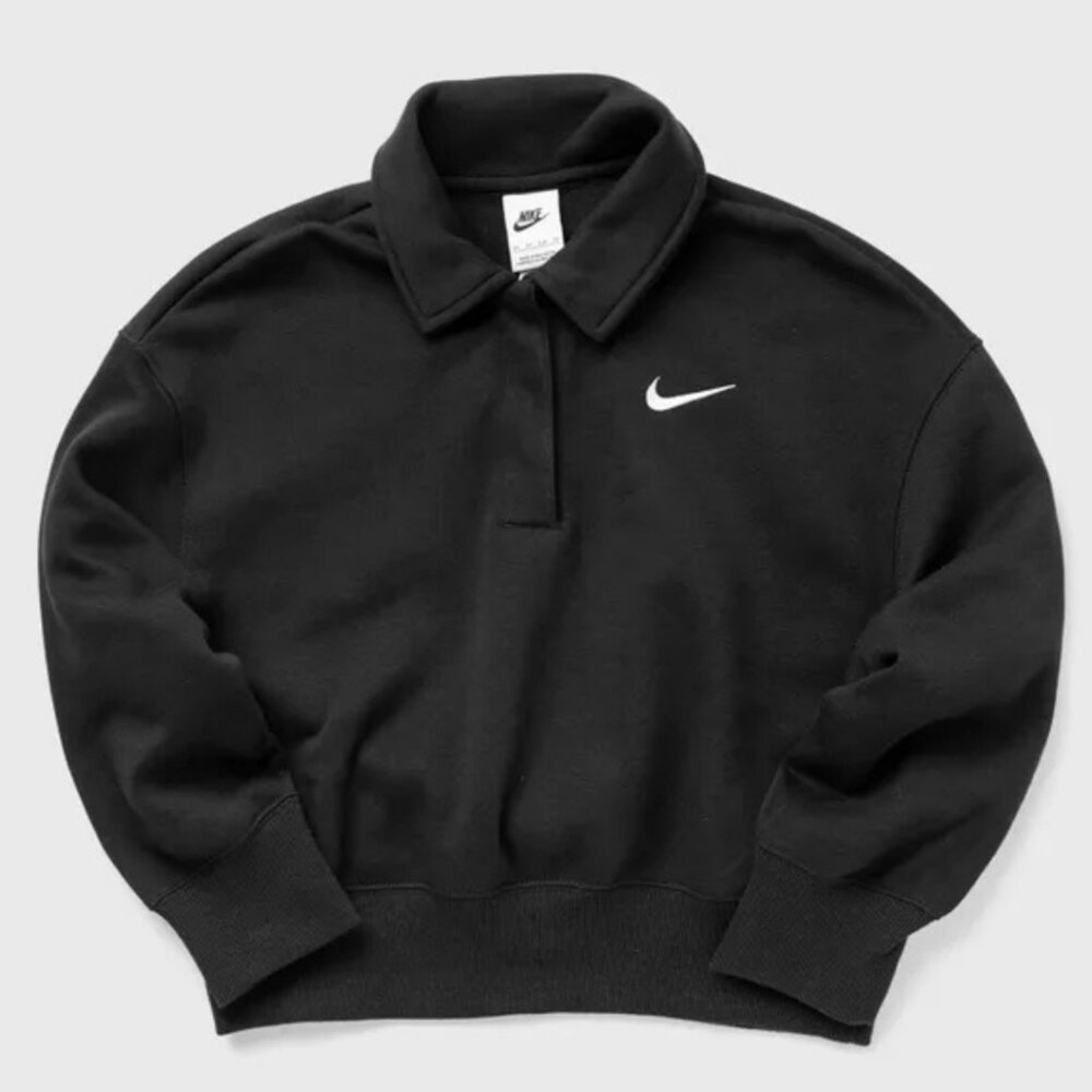 Nike Womens 3X Phoenix Fleece 3/4 Sleeve Crop Polo Sweatshirt - Black Buttons